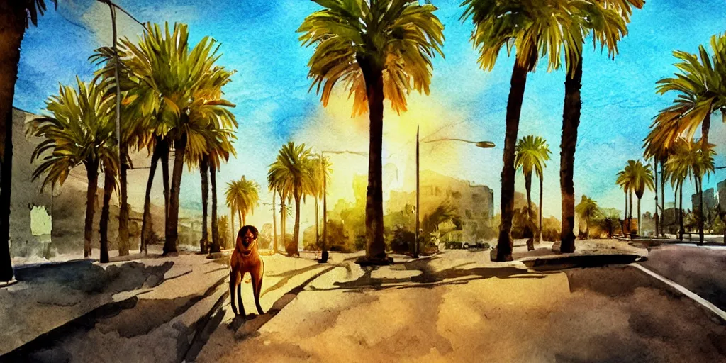 Image similar to golden retriever dog walking in tel aviv street looking at the camera. palm trees. sunset. high quality. digital art. watercolor. highly detailed. drawing. art. colorful. fluffy