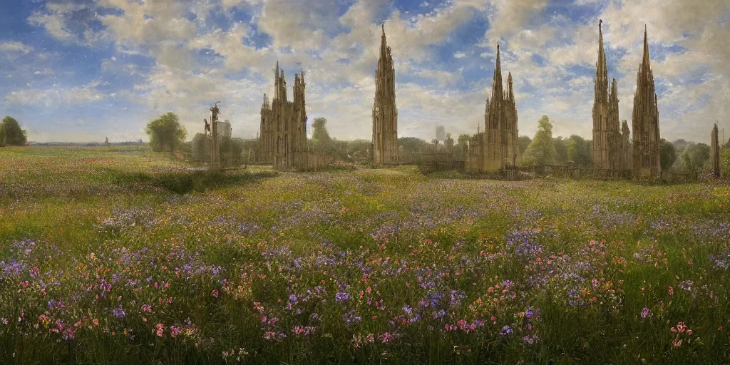 Image similar to a recursive cathedral made of mirrors within a wildflower meadow at dawn, in the style of alma tadema