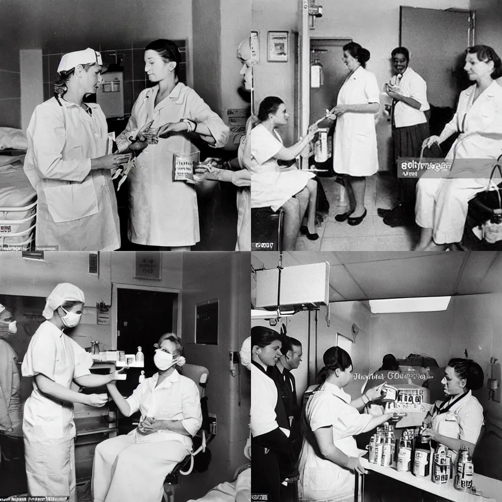 Prompt: nurses distribute vodka and cigarettes to patients in the hospital to treat all diseases, photo in color