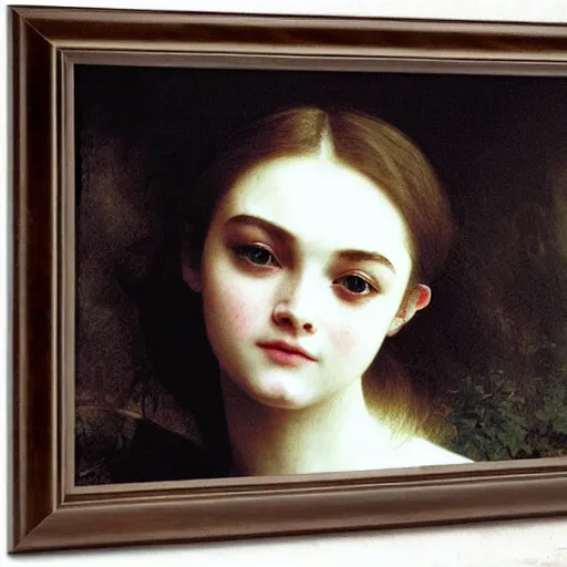 Image similar to A masterpiece head and shoulders portrait of Elle Fanning in front of a nightly bonfire by William Adolphe Bouguereau and Junji Ito
