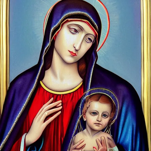 Prompt: Madonna Ciccone as the Virgin Mary, oil painting, high detail, beautiful