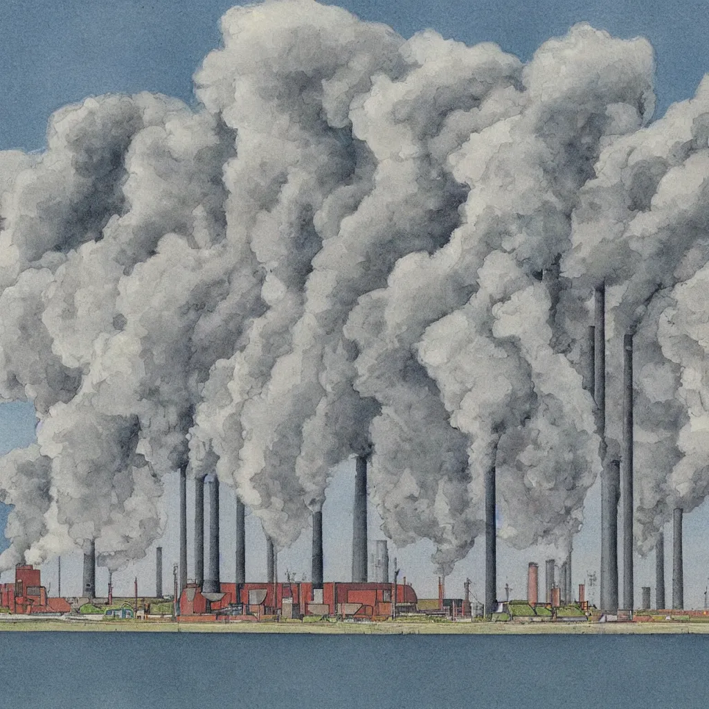 Prompt: the power station in maasvlakte rotterdam, smoke from smoke stacks, color illustration by elsa beskow