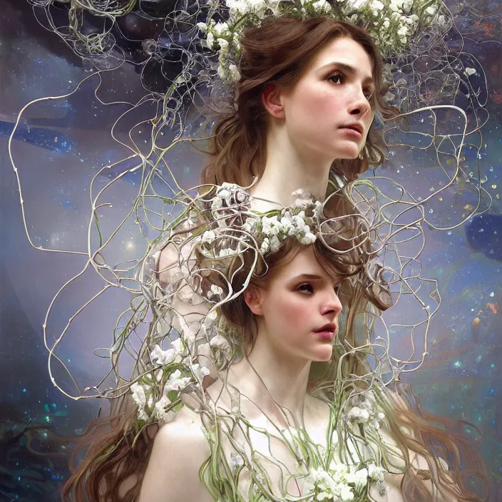 Image similar to hyperrealist portrait of a 2 0 4 4 space sport engineer, it is decorated with long wires and white petals that fall like vines and wears a huge computer crown. by jeremy mann and alphonse mucha, fantasy art, photo realistic, dynamic lighting, artstation, poster, volumetric lighting, dramatic light, very detailed faces, 8 k, award winning