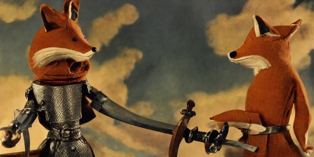 Image similar to anthropomorphic fox who is a medieval knight pointing a sword towards a stormy thundercloud 1 9 3 0 s film still, ladislas starevich puppet