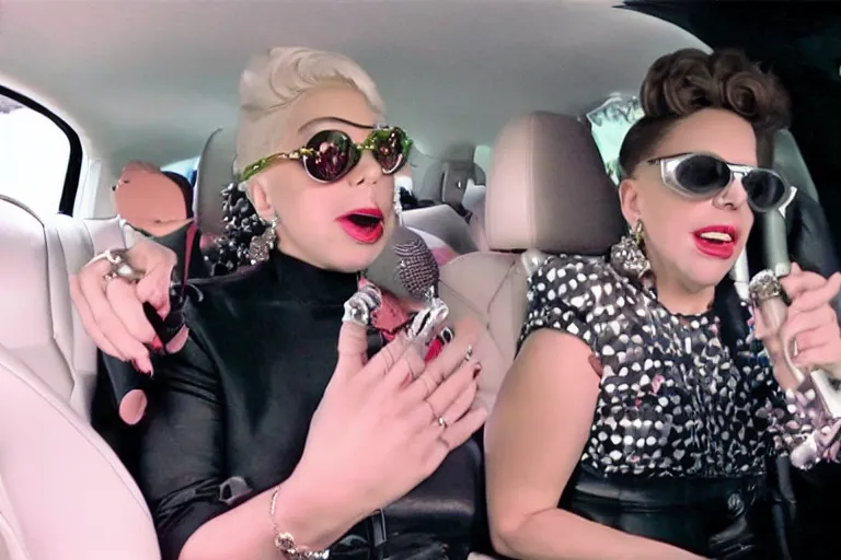 Image similar to lady gaga and judy garland doing carpool karaoke, lady gaga and judy garland, carpool karaoke, lady gaga, judy garland, carpool karaoke, youtube video screenshot, the late late show with james corden