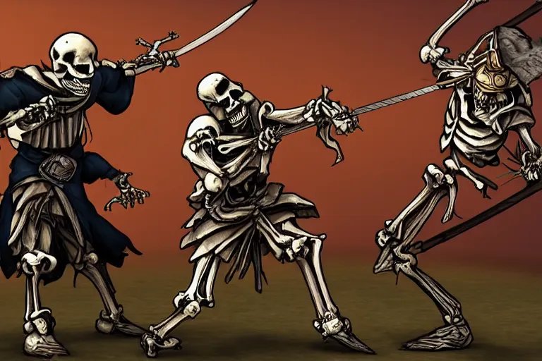 Prompt: man dueling a skeleton warrior with a sword