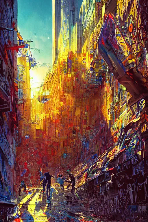 Prompt: people in a busy city people surrounded by 3d graffiti paint dripping down to the floor, hiroshi yoshida, painterly, yoshitaka Amano, artgerm, moebius, loish, painterly, and james jean, illustration, sunset lighting