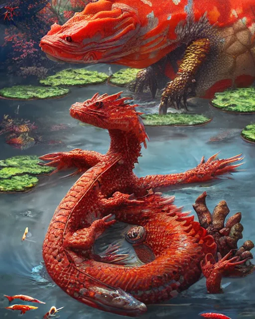 Image similar to game character beautiful giant kaiju sized pond dragon half fish half salamander, wet amphibious skin, red salamander, axolotl creature, koi pond, korean village by Ruan Jia and Gil Elvgren, fullbody