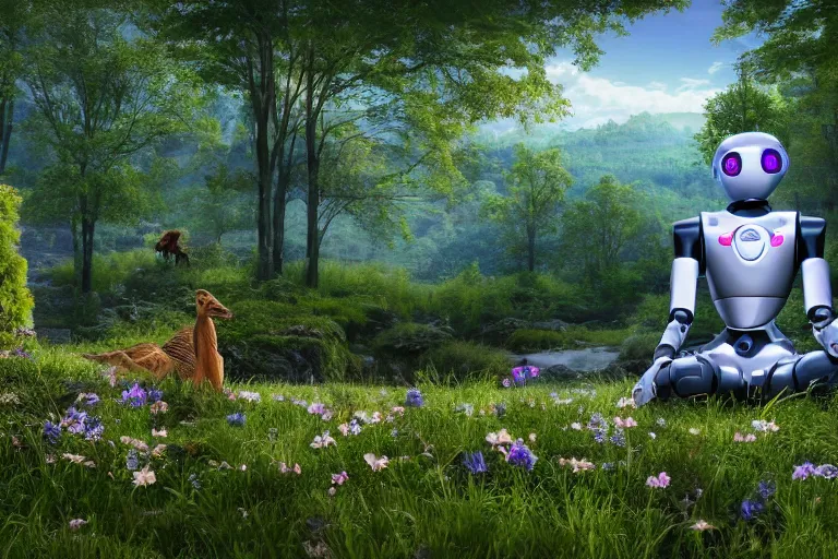 Prompt: professional photo of highly-detailed robot sitting cross-legged with its head pointing down on a small hill, in a fantasy forest with blooming trees and surrounded my wildlife, river flowing beside the robot, 4k, highly detailed, Unreal Engine