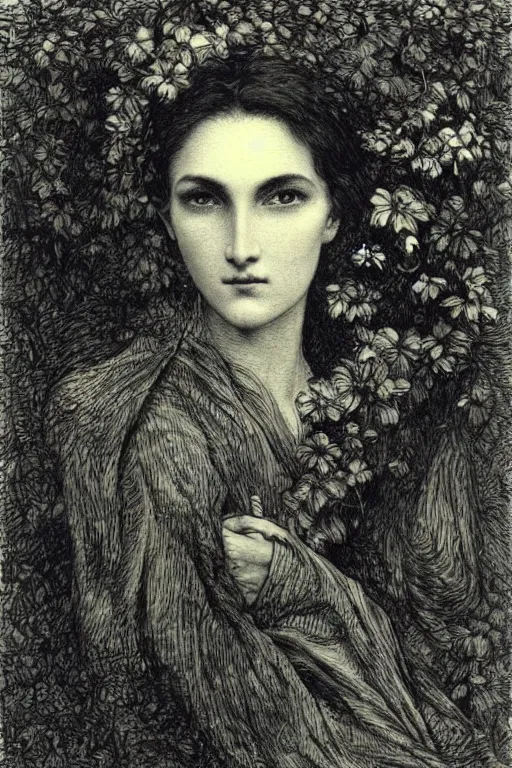 Image similar to extreme close-up portrait of a beautiful french woman with broad cheekbones with flower in the head, forest background, Gustave Dore lithography