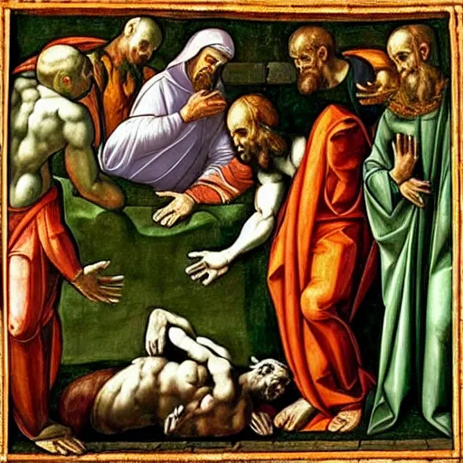 Image similar to pepe the frog in the raising of lazarus, style of michaelangelo, biblical reference