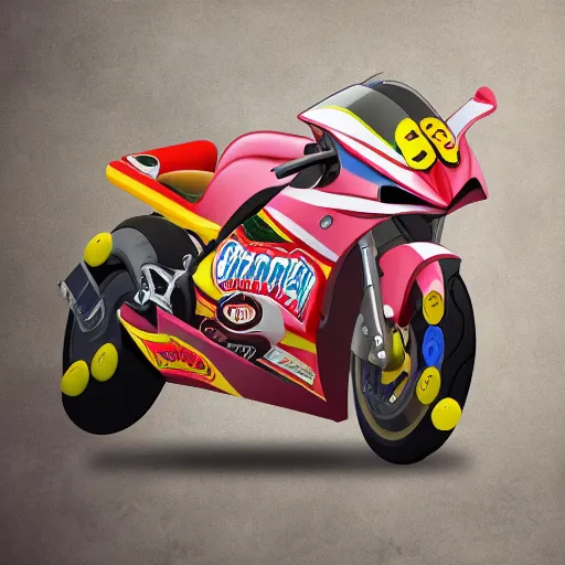 Image similar to motorcycle made out of candy, global illumination, photorealistic, in style of candyland poster