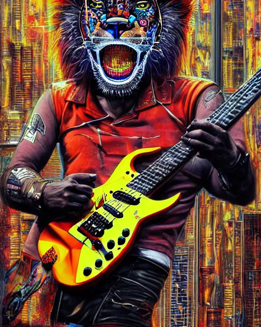 Image similar to a portrait of an anthropomorphic cyberpunk roaring lion shredding an electric guitar as the guitar melts by sandra chevrier, by jon foster, detailed render, tape deck, epic composition, cybernetics, 4 k realistic, cryengine, realistic shaded lighting, sharp focus, masterpiece, by enki bilal