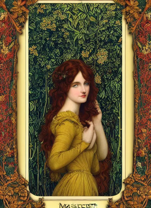Image similar to masterpiece beautiful seductive flowing curves pose preraphaelite portrait photography, straight bangs, thick set, yellow ochre ornate medieval dress, mushroom forest arch, amongst foliage, william morris and kilian eng and mucha, framed, 4 k