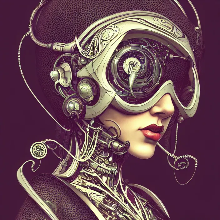 Image similar to ultra realistic illustration of a retro futuristic female cyborg punk art nouveau filgree scrollwork, masterpiece, intricate, highly detailed, sharp