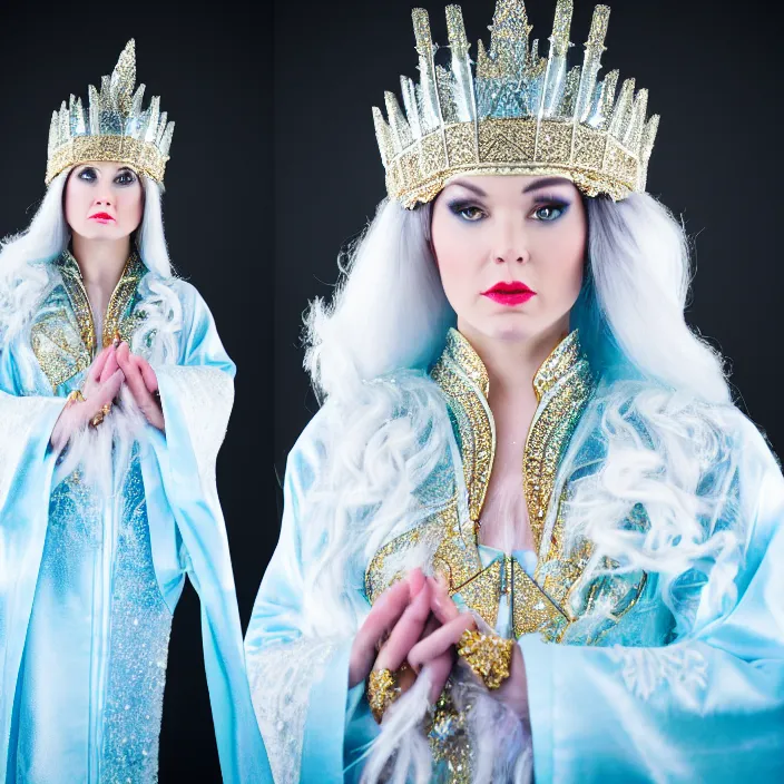 Image similar to full body photograph of of an ice queen with ornate robes, extremely detailed. dslr. 8 5 mm.