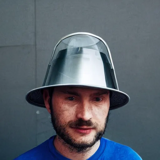 Image similar to photo of a man wearing a transparent bucket on his head