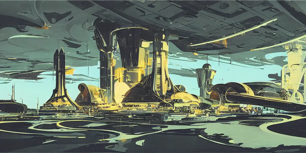 Image similar to retrofuturistic rocket launch base by Syd Mead,