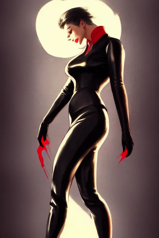 Image similar to dreamy girl character with perfect body in a nice black leather suit and red lips, very artistic pose, perfect lighting. professional design. great composition, illustration, highly detailed, digital painting, concept art, trending on artstation, by greg rutkowski, by james jean