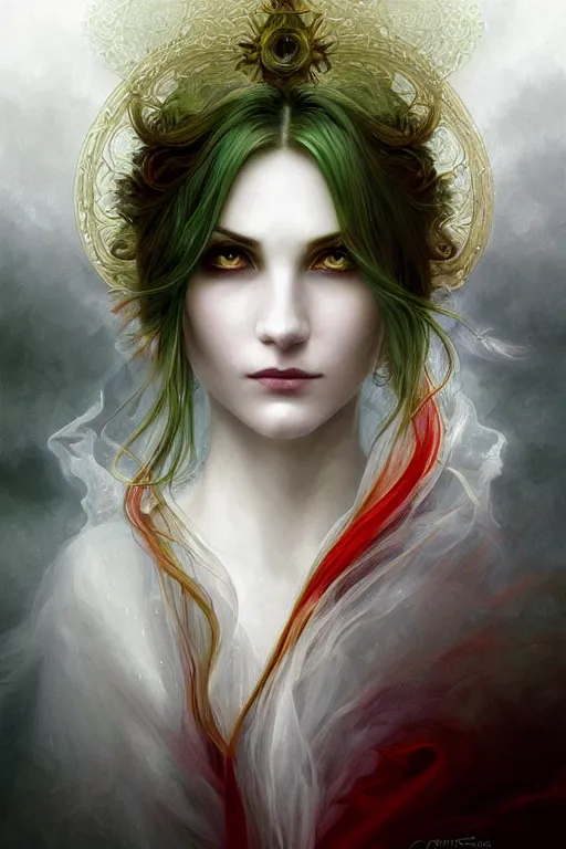 Image similar to portrait of white ghost, dark fantasy, gradient white red grey, dreamy and ethereal, green eyes, golden ratio, peaceful expression, lace, fantasy, intricate, elegant, stormy sky, highly detailed, digital painting, artstation, concept art, smooth, b sharp focus, illustration, art by artgerm and greg rutkowski and alphonse mucha