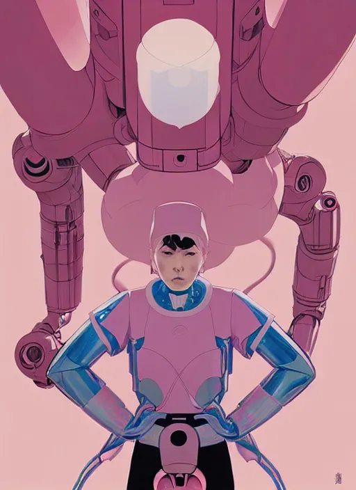 Image similar to Artwork by James Jean and Phil noto; a fierce young Japanese lady fighting a gigantic pink robot. art work by Phil noto and James Jean