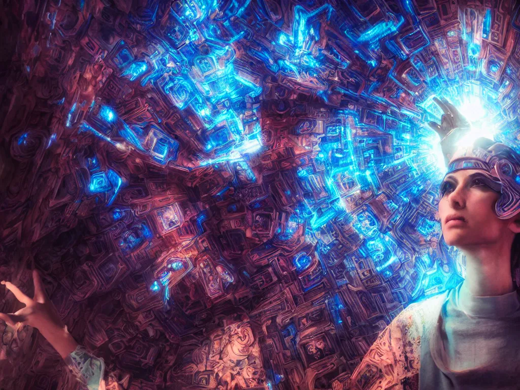 Image similar to cinematic shot epic fractal halls of creativity, walls of large moving images, hyper realistic, mood lighting, fantasy, detailed people creating beautiful diverse large holographic art, highly detailed, super realistic, point of view of visor wearer, air hands painting art in the air!, perfect lighting pixel sorting