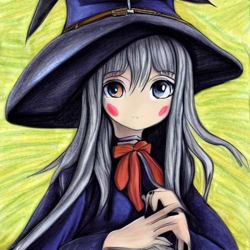 Image similar to a drawing of a pretty woman in a very large oversized witch hat, anime styled, high definition