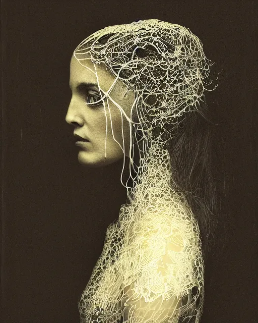 Image similar to a woman's face in profile, long flowing hair entwined in intricate decorative lace leaf skeleton, in the style of the dutch masters and gregory crewdson, dark and moody