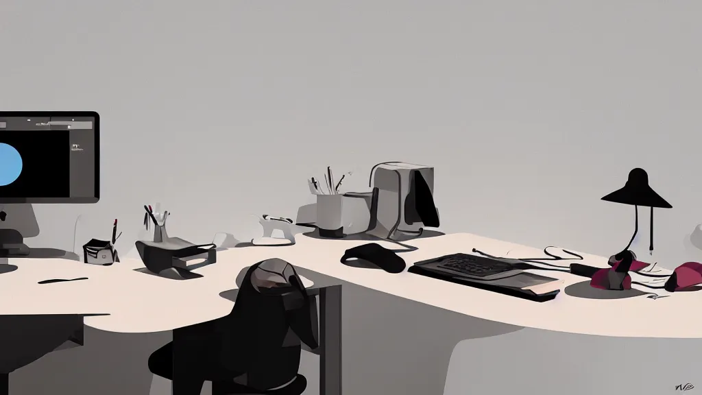 Image similar to stylized retro minimalist design, the desk of a famous web designer working with apple computer, loftis, cory behance hd, by moebius, makoto shinkai and lois van baarle, ilya kuvshinov, rossdraws global illumination