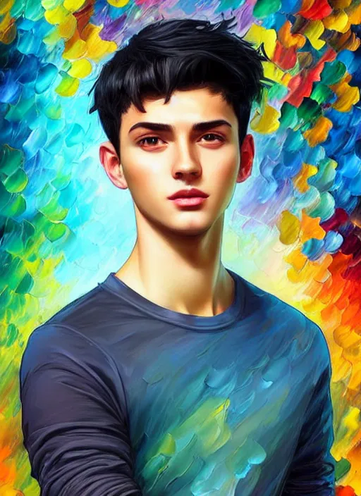 Image similar to handsome young man with short black hair, male, full detailed clothing, half body shot, arms down, path traced, highly detailed, high quality, digital painting, alena aenami, leonid afremov, lilia alvarado, shinji aramaki, karol bak, alphonse mucha, tom bagshaw