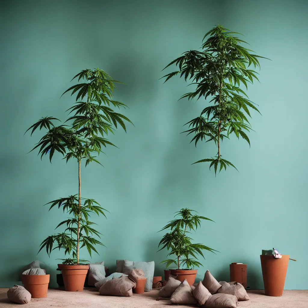 Image similar to large single cannabis plant in a pot grows to the ceiling, kodak portra 4 0 0, 8 k, shot of a highly detailed, britt marling style, colour still - life portrait of a large minimalistic room, rough concrete walls, a single rough carved wooden teal, with comfortable beanbags, muted colours