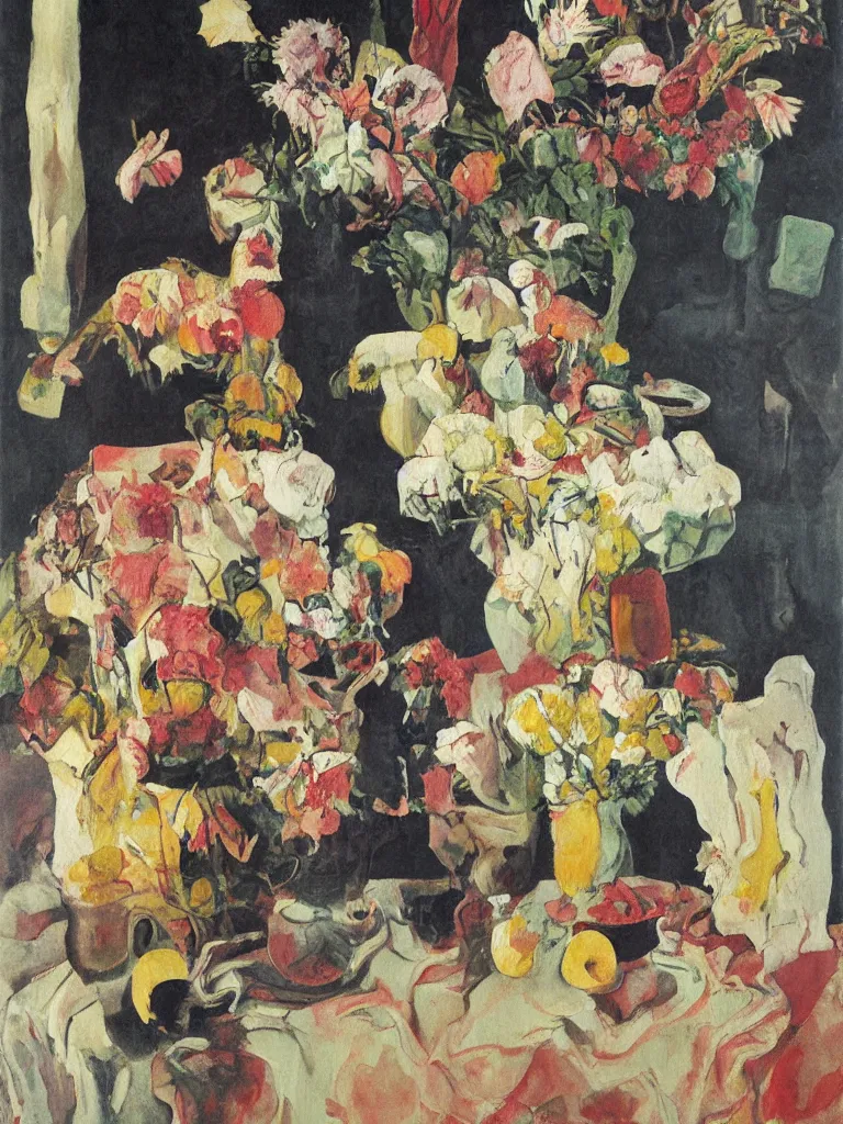 Image similar to a surreal painting of a breakfast still life, flowers, by George Baselitz, symbolist, soft colors, dramatic lighting, smooth, sharp focus, extremely detailed, aesthetically pleasing composition