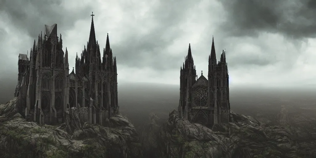 Prompt: dramatic film still of a cathedral by denis villeneuve, gothic architecture, top of a canyon, vultures, 24mm angle, studio ghibli and eddie mendoza, atmospheric, stormy, dramatic skies, moody, dark, cinematic, volumetric lighting, 8K