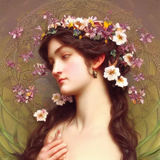 Prompt: a flower goddess, intricate, elegant, highly detailed, digital painting, artstation, concept art, smooth, sharp focus, illustration, art by artgerm and greg rutkowski and alphonse mucha and william - adolphe bouguereau and stephanie law