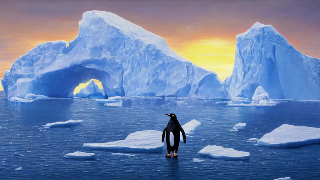 Image similar to the most beautiful panoramic landscape, oil painting, where a giant iceberg is lost in middle of the artic ocean, a giant penguin is exhaling steam while walking over the iceberg, the artic ocean is reflecting the giant penguin over the iceberg and the ray lights of the sunset are brightening him, by greg rutkowski