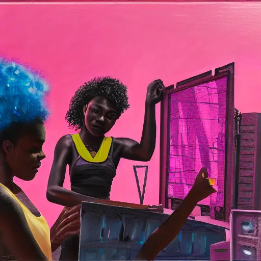 Prompt: a black girls building a pink spaceship out of junk in the cyberpunk ghetto by justin bua, oil on canvas, 8k
