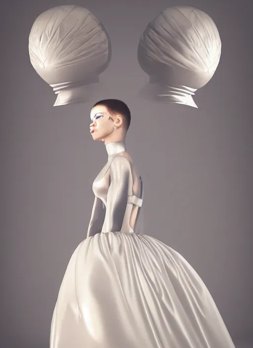 Prompt: an early 0 0's aesthetic digital portrait of a futuristic beautiful russian girl detailed features wearing a latex wedding dress with a puffy skirt designed by balenciaga and issey miyake by ichiro tanida and armin vit