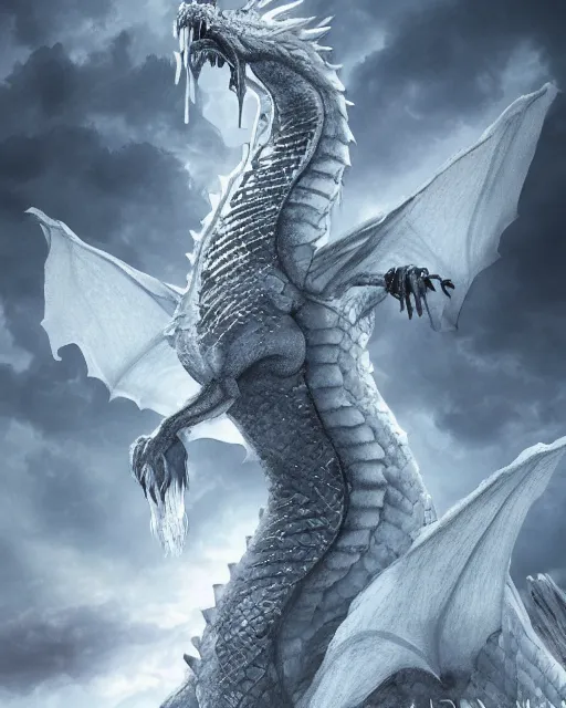 Image similar to giant ice dragon standing on a mountain, highly detailed, 4 k, hdr, award - winning, directed by zack snyder, trending on art station, matte