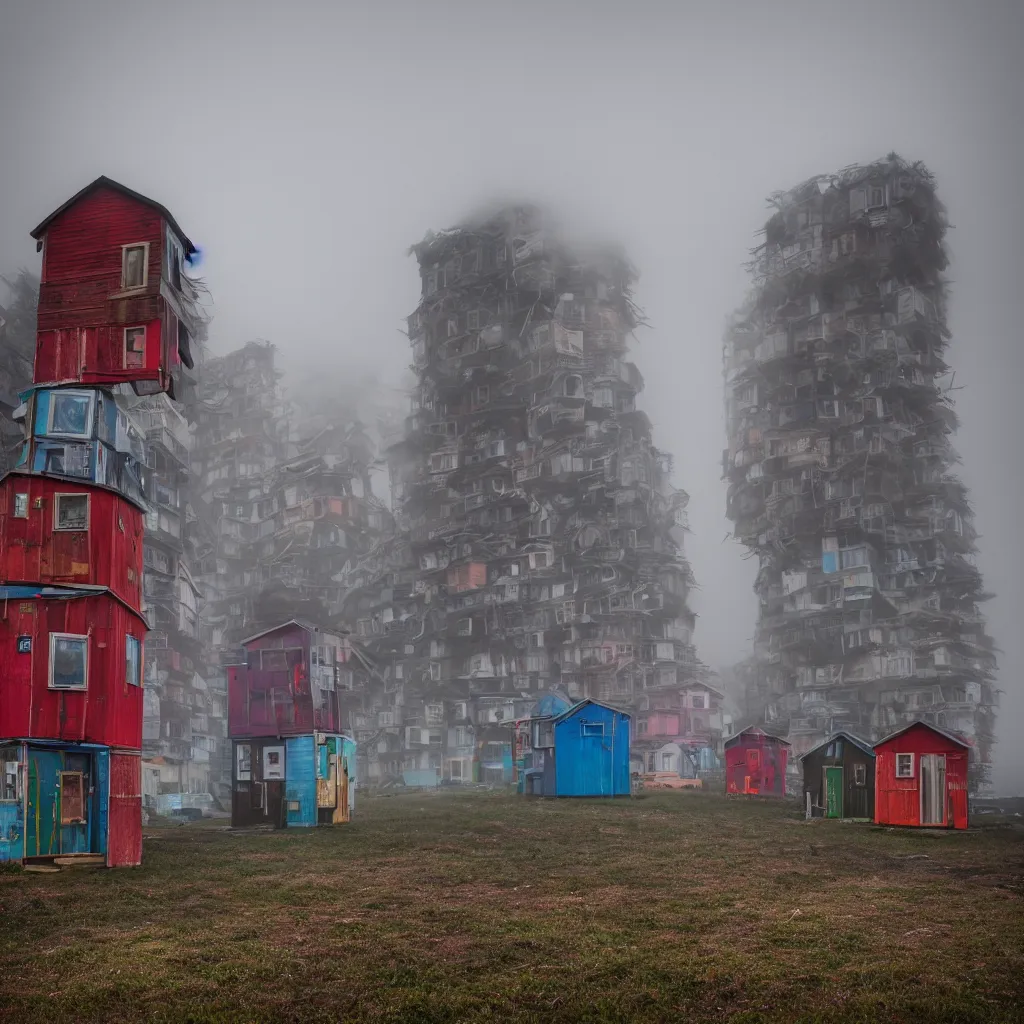 Image similar to two towers, made up of colourful makeshift squatter shacks, uneven fog, dystopia, sony a 7 r 3, f 1 1, fully frontal view, photographed by jeanette hagglund