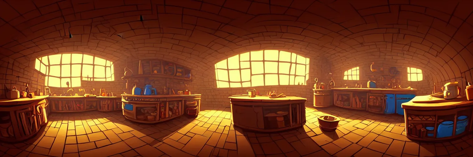 Prompt: underground, fisheye spiral lines, naive, extra narrow, detailed illustration of a basement kitchen, large floor, dimly lit by rhads from lorax movie, trending artstation, wood texture