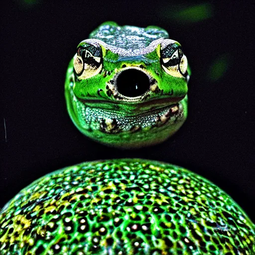 Prompt: frog reflecting universes, photo, 5 5 mm