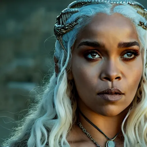 Prompt: rhianna as daenerys targaryen, golden hour, cinematic