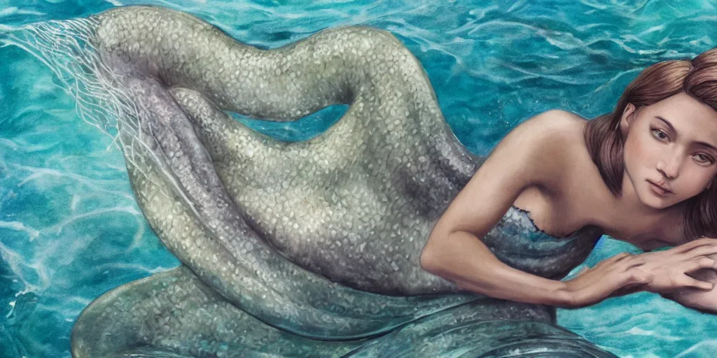 Image similar to realistic portrait of a beautiful mermaid in the sea, 1450, ink, ultra realistic, 8k