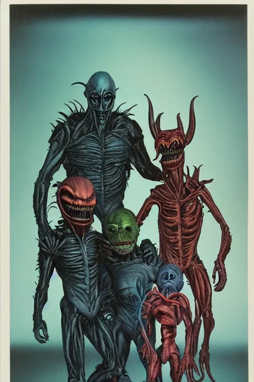 Prompt: alien monster mutant family photo, 1 9 8 0 s, olan mills studio, xenomorph, creepy, scary, nightmare, color