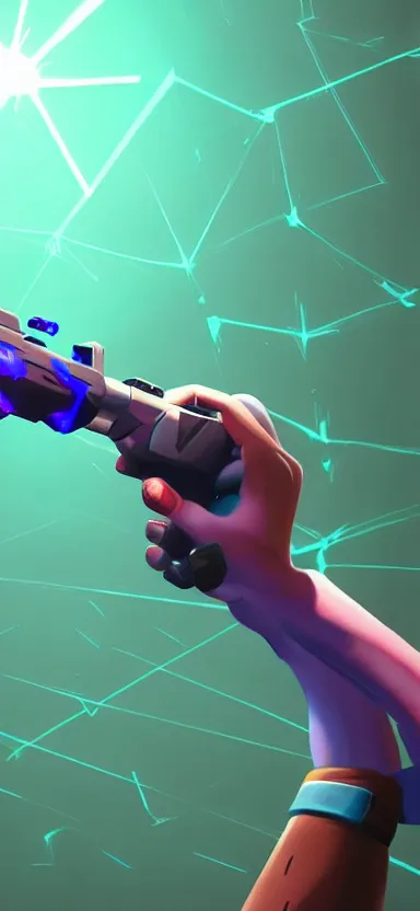 Image similar to “ hand in glove holding laser gun from the side, cinematic, digital art, fortnite style, award winning ”