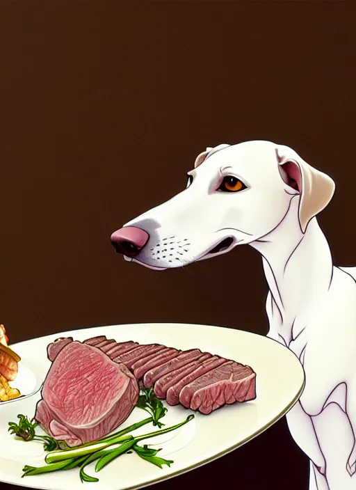 Image similar to cute white brown greyhound eating juicy steak, natural lighting, path traced, highly detailed, high quality, digital painting, by don bluth and ross tran and studio ghibli and alphonse mucha, artgerm