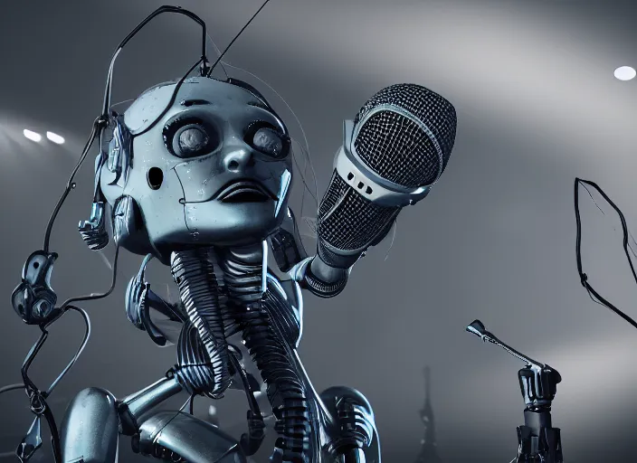 Image similar to a portrait of a robot screaming into a microphone at a death metal concert festival, 3 d rendering, dark background, digital, unreal engine, illustration, 8 k resolution, artstation, cinema 4 d, behance hd