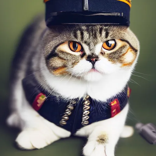 Image similar to portrait photo of scottish fold cat cosplaying a soldier, highly detailed, high resolution, cosplay photo, stunning, bokeh soft, by professional photographer, military clothing, shot with a canon