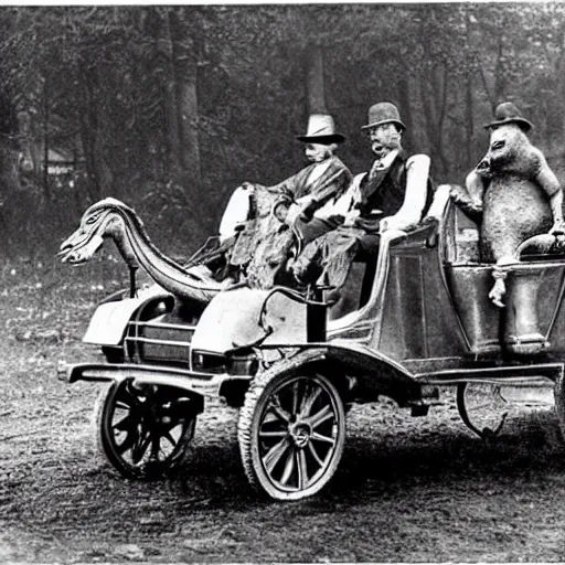 Prompt: dinosaurs driving cars, victorian photo,