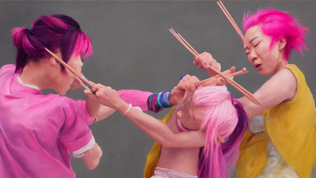 Prompt: asian person with chopsticks fighting a person with pink hair, cinematic, 4 k, oil painting